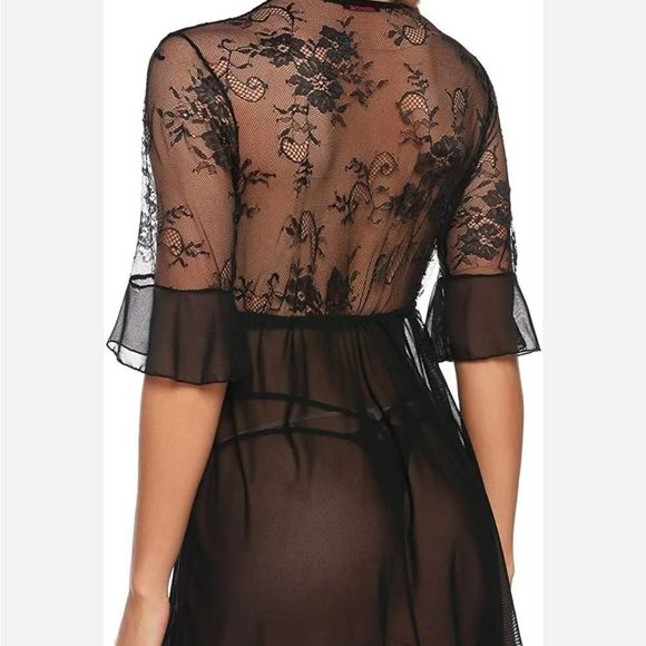 Women's Sexy Lingerie Babydoll Lace Chemise Sheer Mesh Open Front Sleepwear Set - Picture 5 of 7